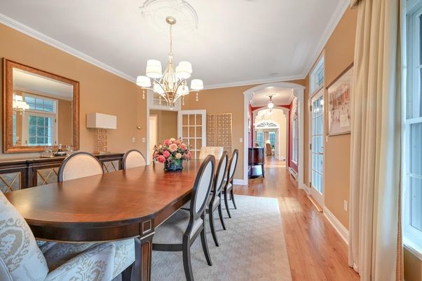 Chandelier, Dining room, Interior, Pendant Lights, Wood Texture Flooring