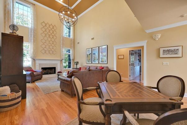 Chandelier, Dining room, Fireplace, Interior, Living room, Pendant Lights, Wood Texture Flooring