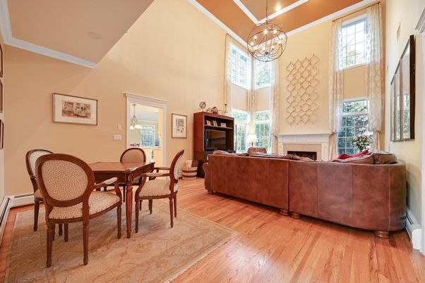 Chandelier, Dining room, Fireplace, Interior, Living room, Pendant Lights, Wood Texture Flooring