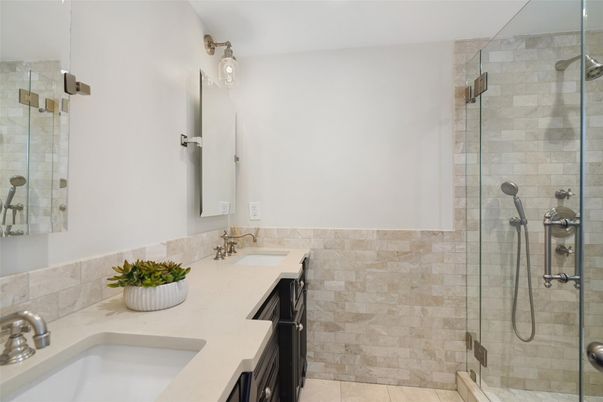 Bathroom, Dual Sink Vanities, Glass Shower, Interior, Stone Walls