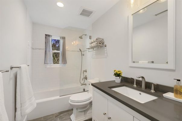 Bathroom, Glass Shower, Interior, Recessed Lighting, Wood Texture Flooring