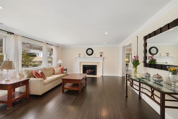 Fireplace, Interior, Living room, Recessed Lighting, Wood Texture Flooring