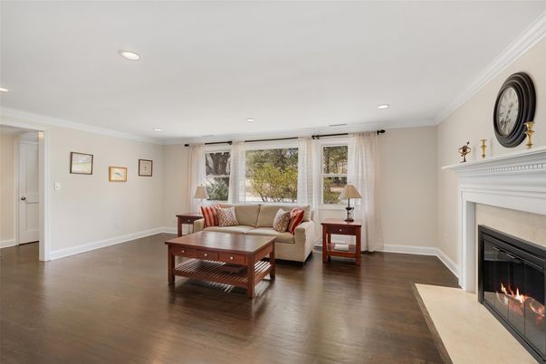 Fireplace, Interior, Living room, Recessed Lighting, Wood Texture Flooring