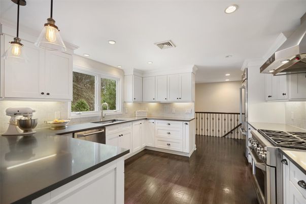 Interior, Kitchen, Pendant Lights, Recessed Lighting, Stainless Steel Appliances, Wood Texture Flooring