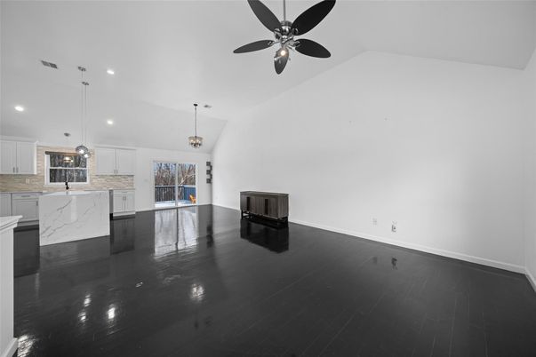 Empty room, Interior, Kitchen, Pendant Lights, Recessed Lighting, Wood Texture Flooring