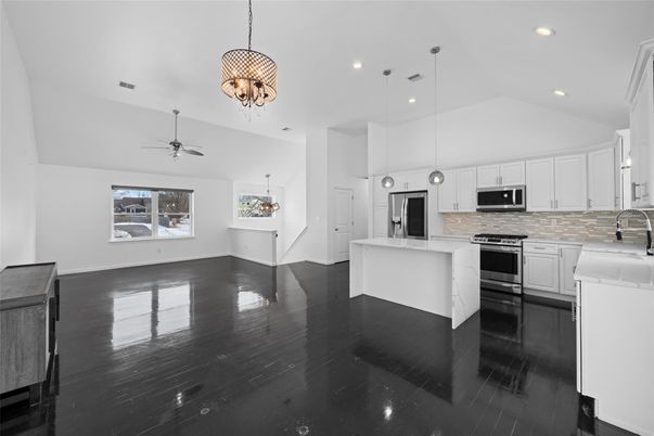 Chandelier, Interior, Kitchen, Pendant Lights, Recessed Lighting, Wood Texture Flooring
