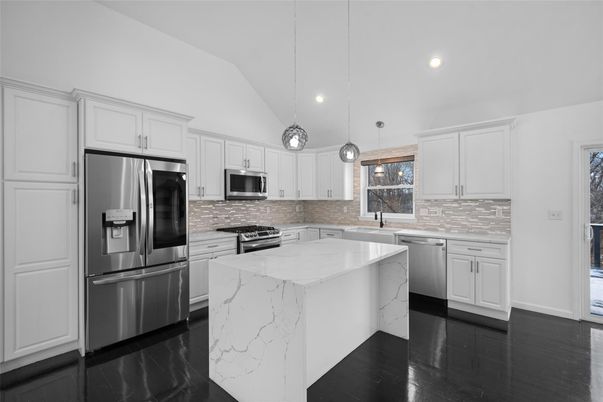 Interior, Kitchen, Pendant Lights, Recessed Lighting, Stainless Steel Appliances, Wood Texture Flooring