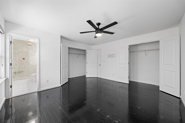 Bathroom, Empty room, Glass Shower, Interior, Walk-in Closets, Wood Texture Flooring