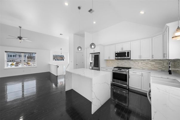 Interior, Kitchen, Pendant Lights, Recessed Lighting, Stainless Steel Appliances, Wood Texture Flooring