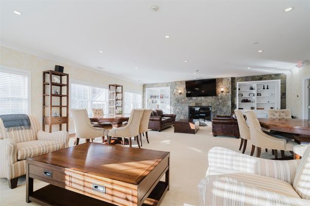 Dining room, Fireplace, Interior, Living room, Recessed Lighting, Stone Walls