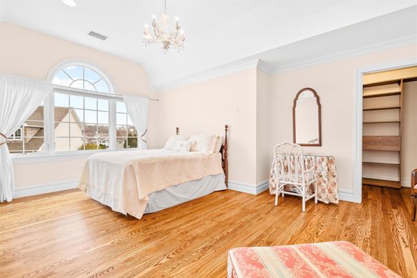 Bedroom, Chandelier, Interior, Recessed Lighting, Wood Texture Flooring