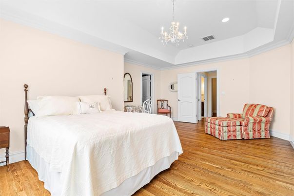 Bedroom, Interior, Pendant Lights, Recessed Lighting, Wood Texture Flooring