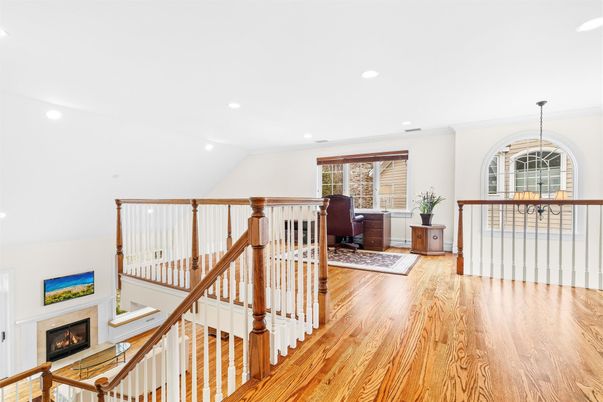 Fireplace, Home Office, Interior, Recessed Lighting, Wood Texture Flooring