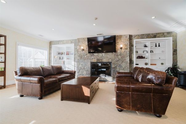 Fireplace, Interior, Living room, Recessed Lighting, Stone Walls