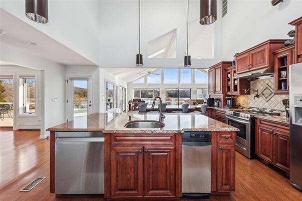 Interior, Kitchen, Pendant Lights, Stainless Steel Appliances, Wood Texture Flooring