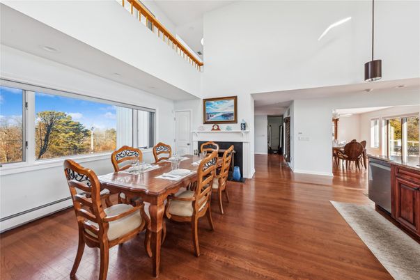 Dining room, Fireplace, Interior, Pendant Lights, Wood Texture Flooring