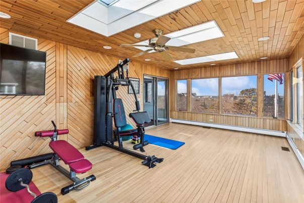 Fitness Equipment, Interior, Recessed Lighting, Wooden Ceilings, Wood Texture Flooring, Wooden Walls