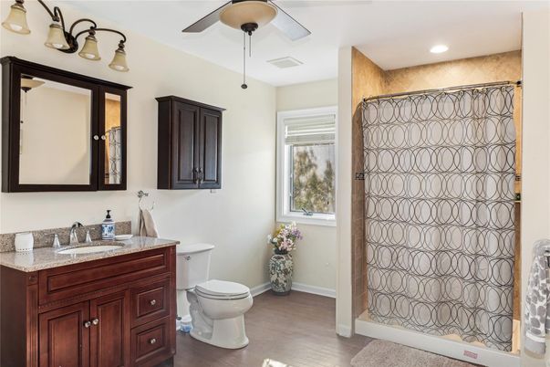 Bathroom, Interior, Recessed Lighting, Wood Texture Flooring