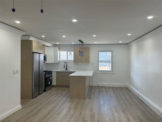 Interior, Kitchen, Recessed Lighting, Stainless Steel Appliances, Wood Texture Flooring