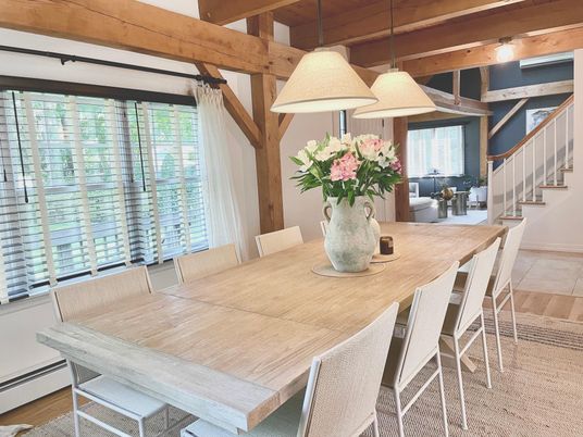 Dining room, Interior, Pendant Lights, Wooden Beams, Wood Texture Flooring