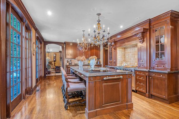 Chandelier, Interior, Kitchen, Recessed Lighting, Tile Countertops, Wood Texture Flooring