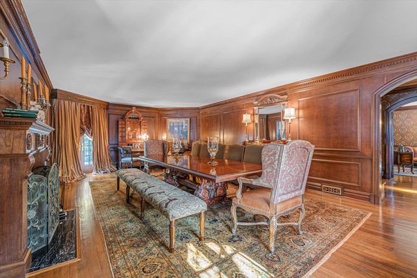 Dining room, Fireplace, Interior, Wood Texture Flooring, Wooden Walls