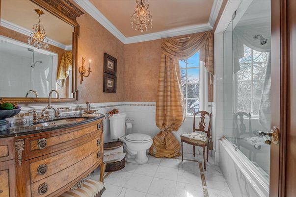 Bathroom, Chandelier, Glass Shower, Interior, Marble