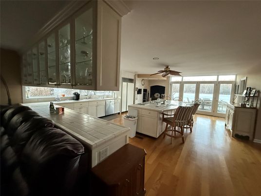 Dining room, Interior, Kitchen, Tile Countertops, Wood Texture Flooring