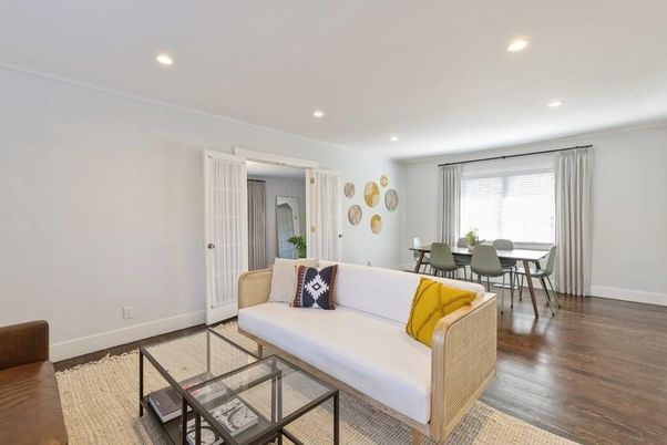 Dining room, Interior, Living room, Recessed Lighting, Wood Texture Flooring