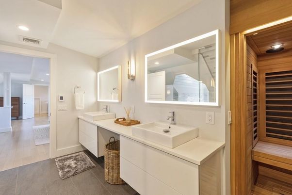 Bathroom, Dual Sink Vanities, Interior, Recessed Lighting, Sauna Room