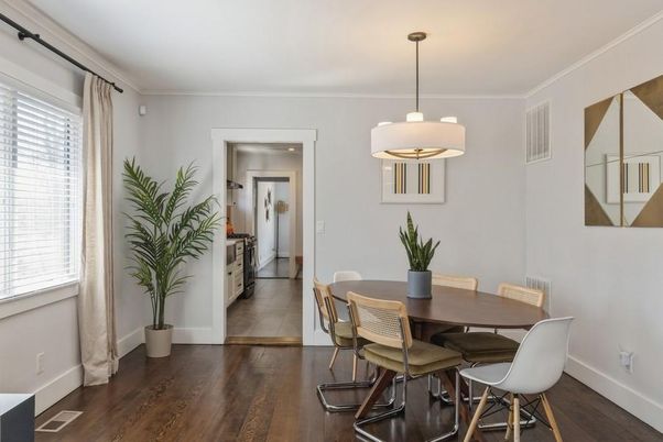 Dining room, Interior, Pendant Lights, Wood Texture Flooring