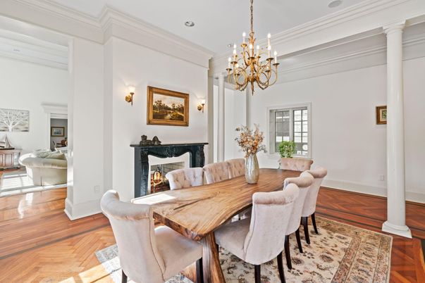 Chandelier, Dining room, Fireplace, Interior, Recessed Lighting, Wood Texture Flooring
