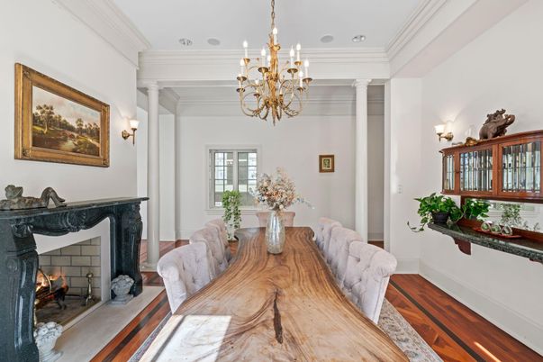 Chandelier, Dining room, Fireplace, Interior, Wood Texture Flooring