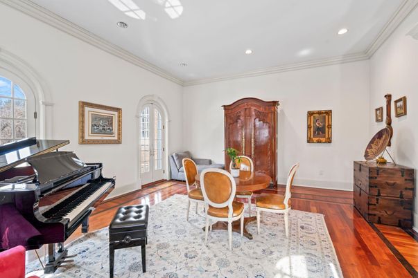 Dining room, Interior, Piano, Recessed Lighting, Wood Texture Flooring