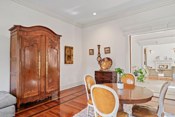 Dining room, Fireplace, Interior, Living room, Recessed Lighting, Wood Texture Flooring