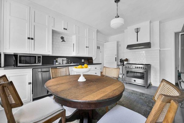 Dining room, Interior, Kitchen, Pendant Lights, Stainless Steel Appliances, Wood Texture Flooring