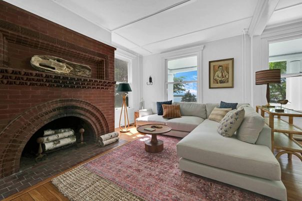 Fireplace, Interior, Living room, Stone Walls, Wood Texture Flooring