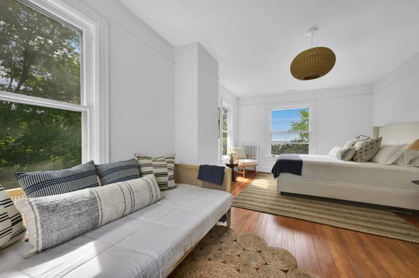 Bedroom, Interior, Pendant Lights, Wood Texture Flooring