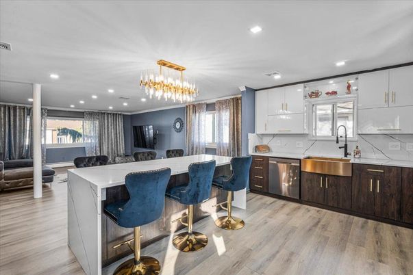 Interior, Kitchen, Pendant Lights, Recessed Lighting, Stainless Steel Appliances, Wood Texture Flooring