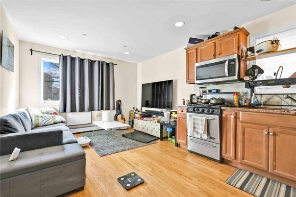 Interior, Kitchen, Living room, Recessed Lighting, Stainless Steel Appliances, Wood Texture Flooring