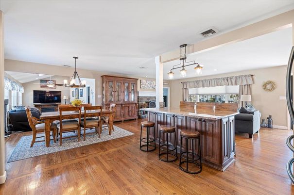 Dining room, Interior, Kitchen, Living room, Pendant Lights, Recessed Lighting, Wood Texture Flooring