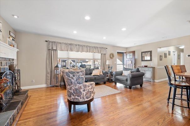 Fireplace, Interior, Living room, Recessed Lighting, Wood Texture Flooring