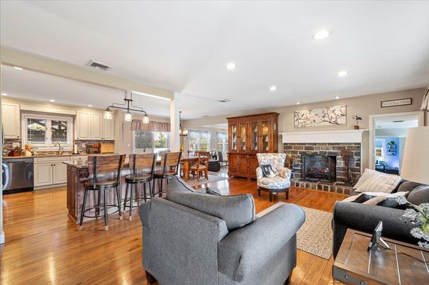 Dining room, Fireplace, Interior, Kitchen, Living room, Pendant Lights, Recessed Lighting, Wood Texture Flooring