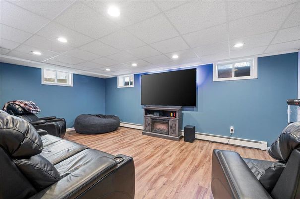 Home Theatre Room, Fireplace, Interior, Recessed Lighting, Wood Texture Flooring