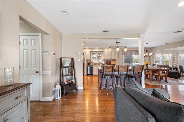 Dining room, Interior, Kitchen, Living room, Pendant Lights, Recessed Lighting, Wood Texture Flooring