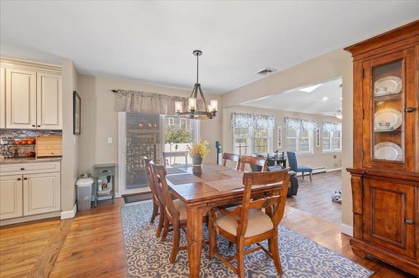Dining room, Interior, Pendant Lights, Wood Texture Flooring