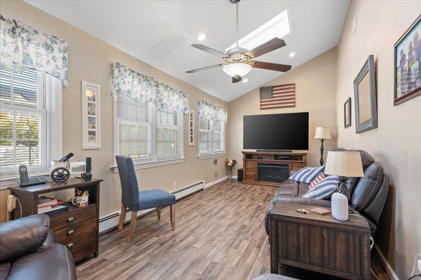 Fireplace, Home Office, Interior, Recessed Lighting, Wood Texture Flooring