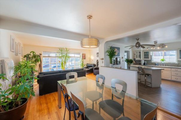 Dining room, Interior, Kitchen, Living room, Pendant Lights, Wood Texture Flooring