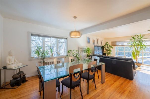 Dining room, Interior, Living room, Pendant Lights, Wood Texture Flooring