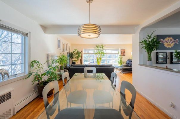 Dining room, Interior, Living room, Pendant Lights, Wood Texture Flooring